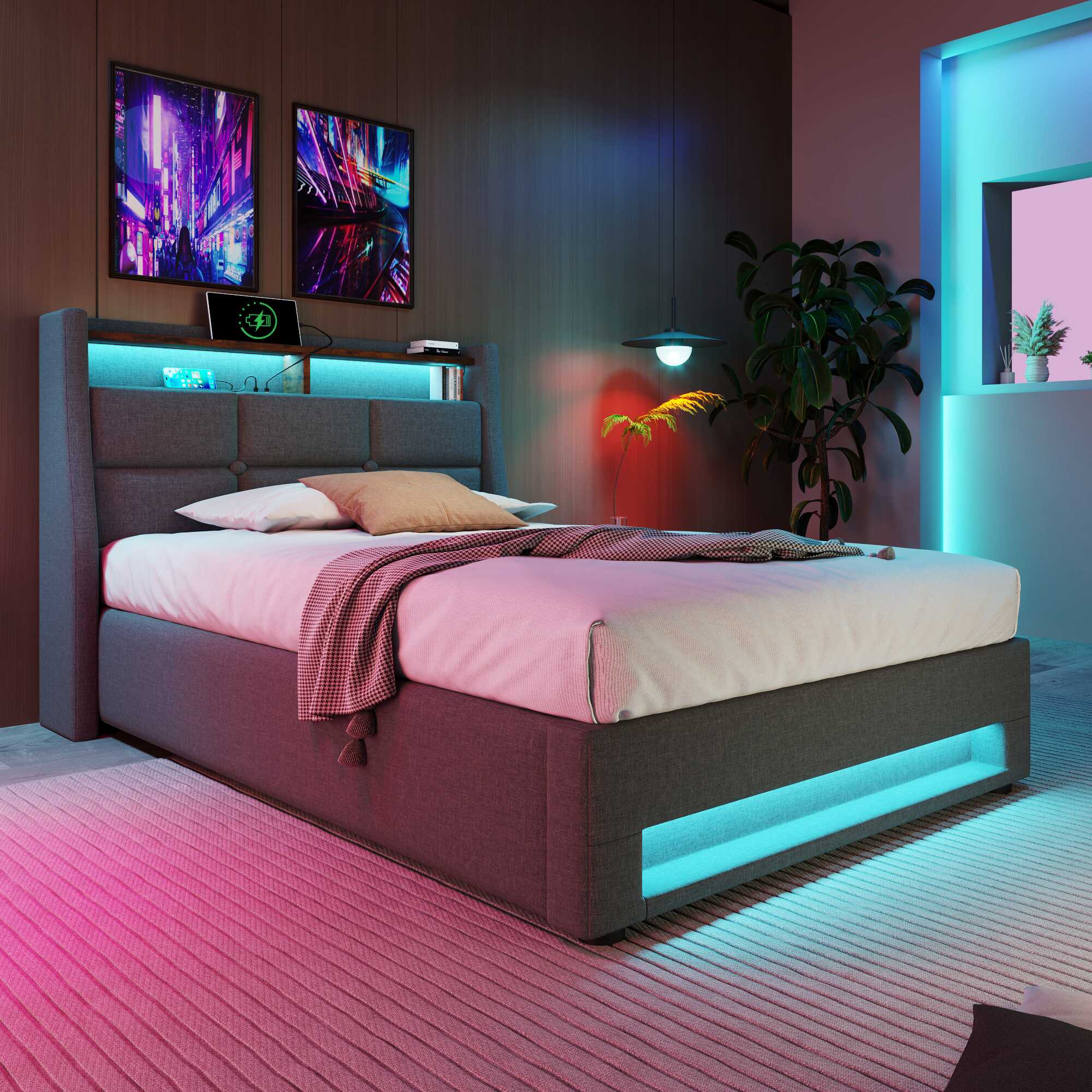 Éclairage LED — Lit coffre gris