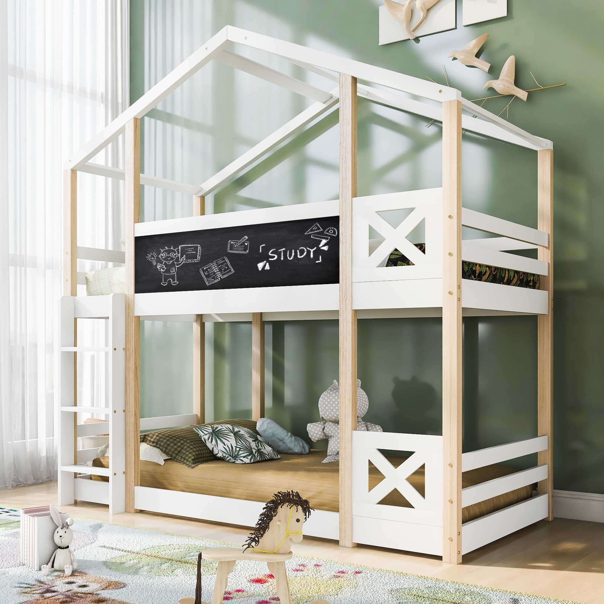 Lit cabane — Lit superposé blanc et naturel