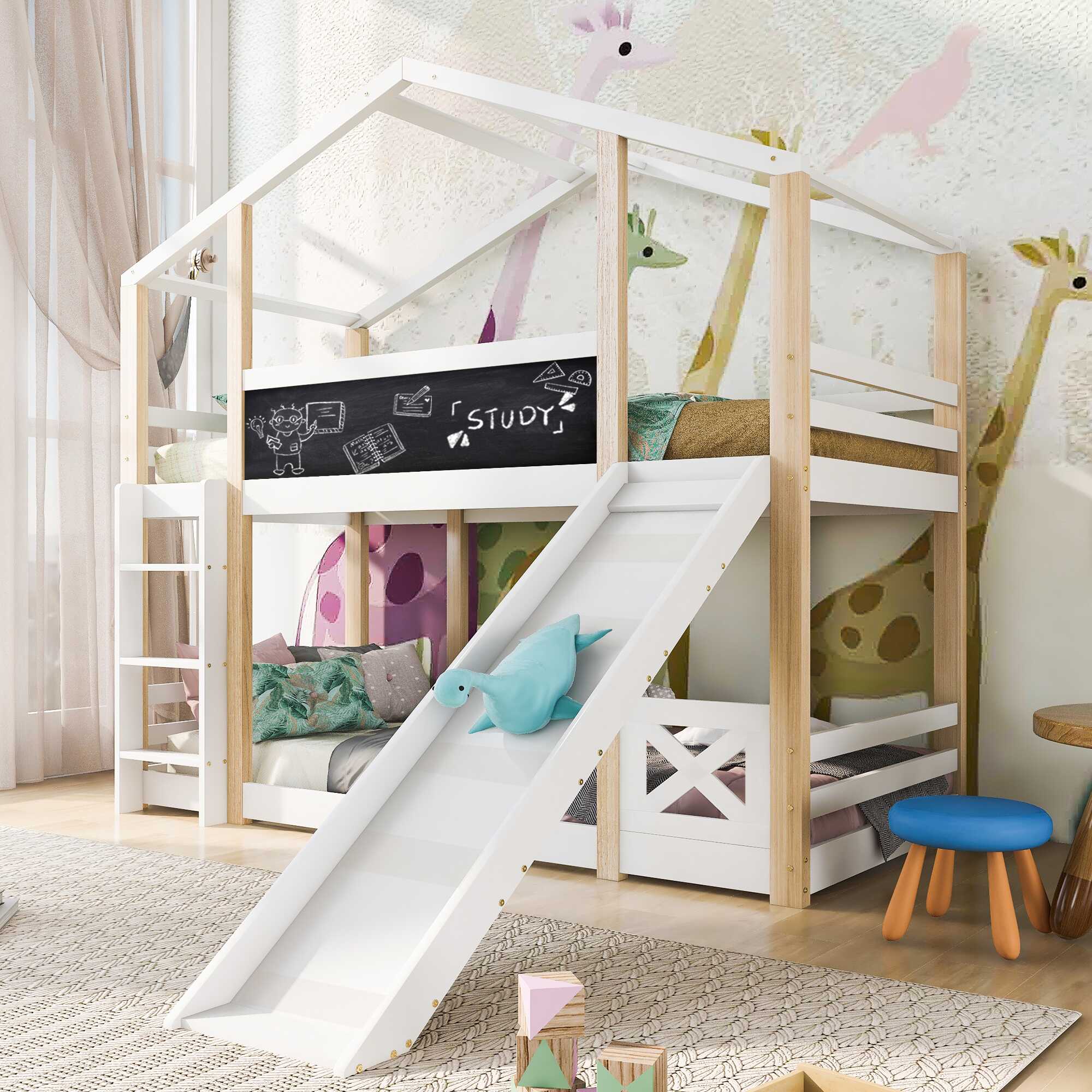 Toboggan — Lit superposé blanc et naturel