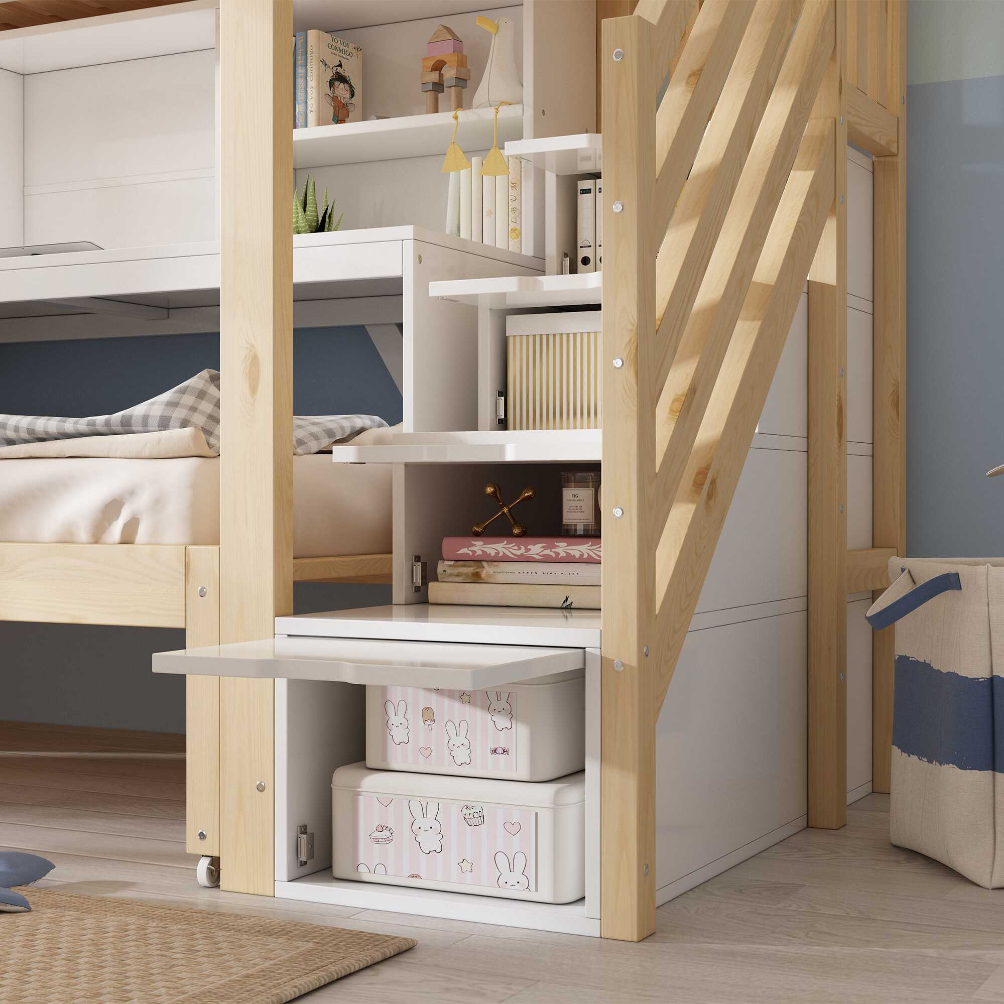 Rangement — Lit superposé blanc et décor chêne