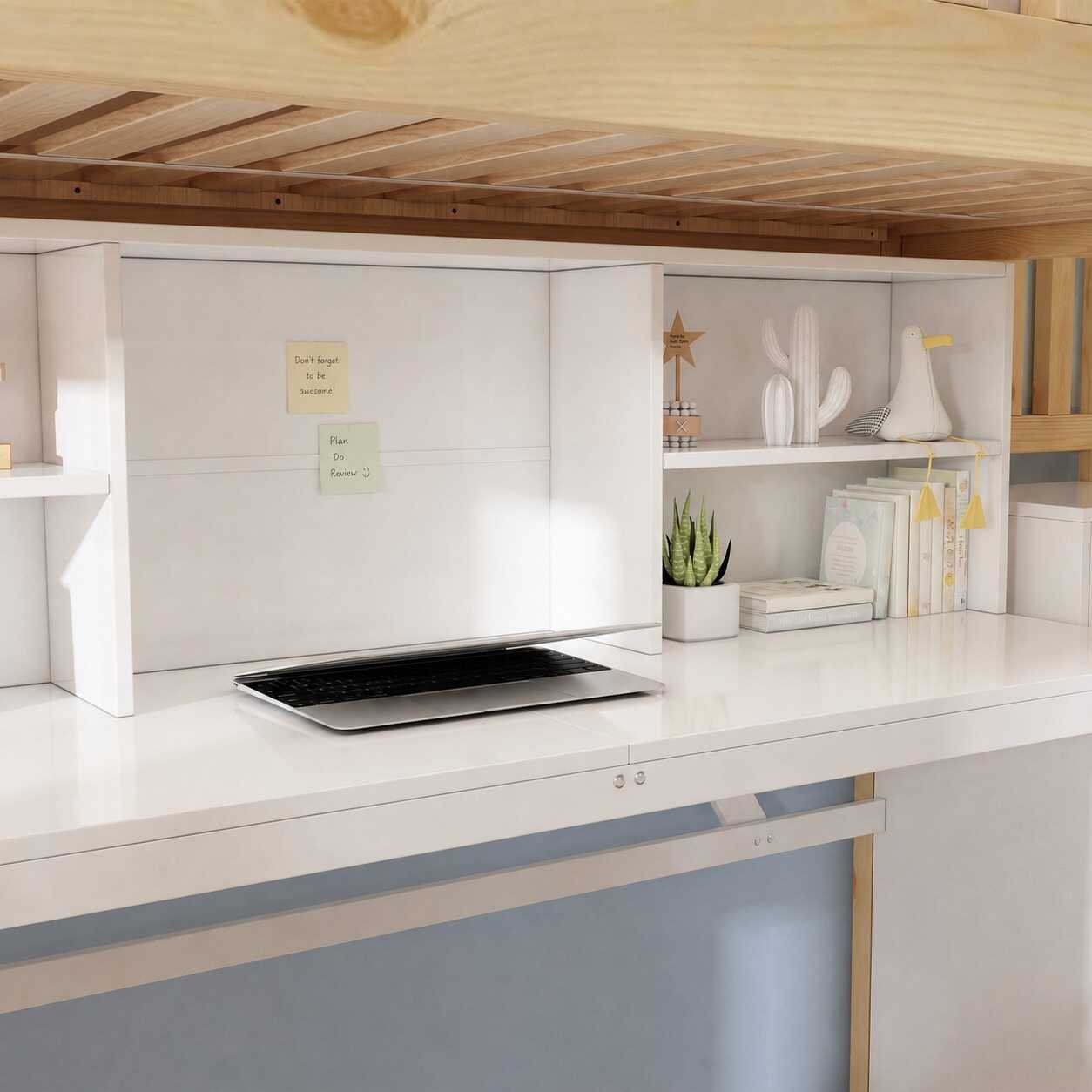 Espace de travail — Lit superposé blanc et décor chêne