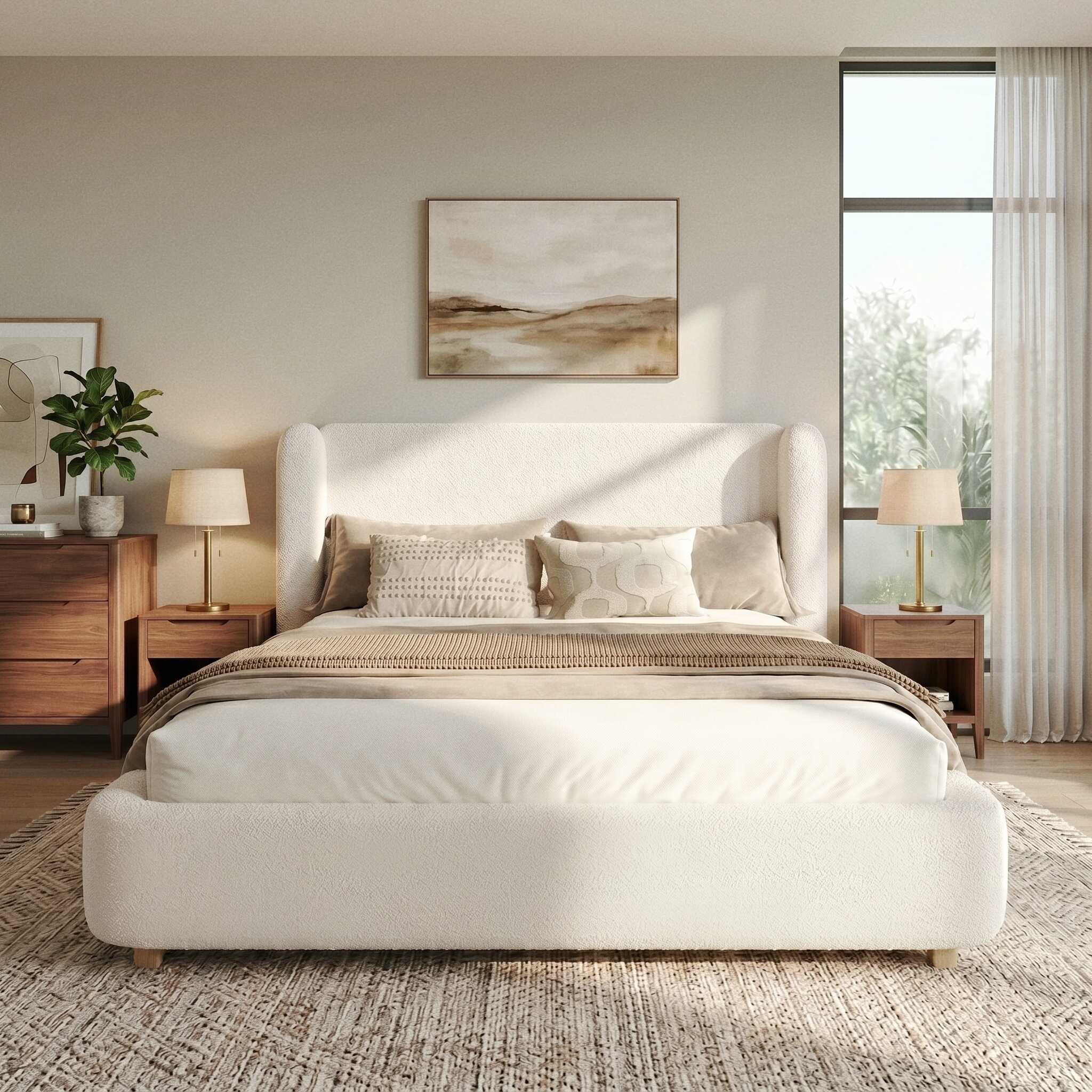 Letto imbottito 140x190 cm con contenitore; bouclé beige