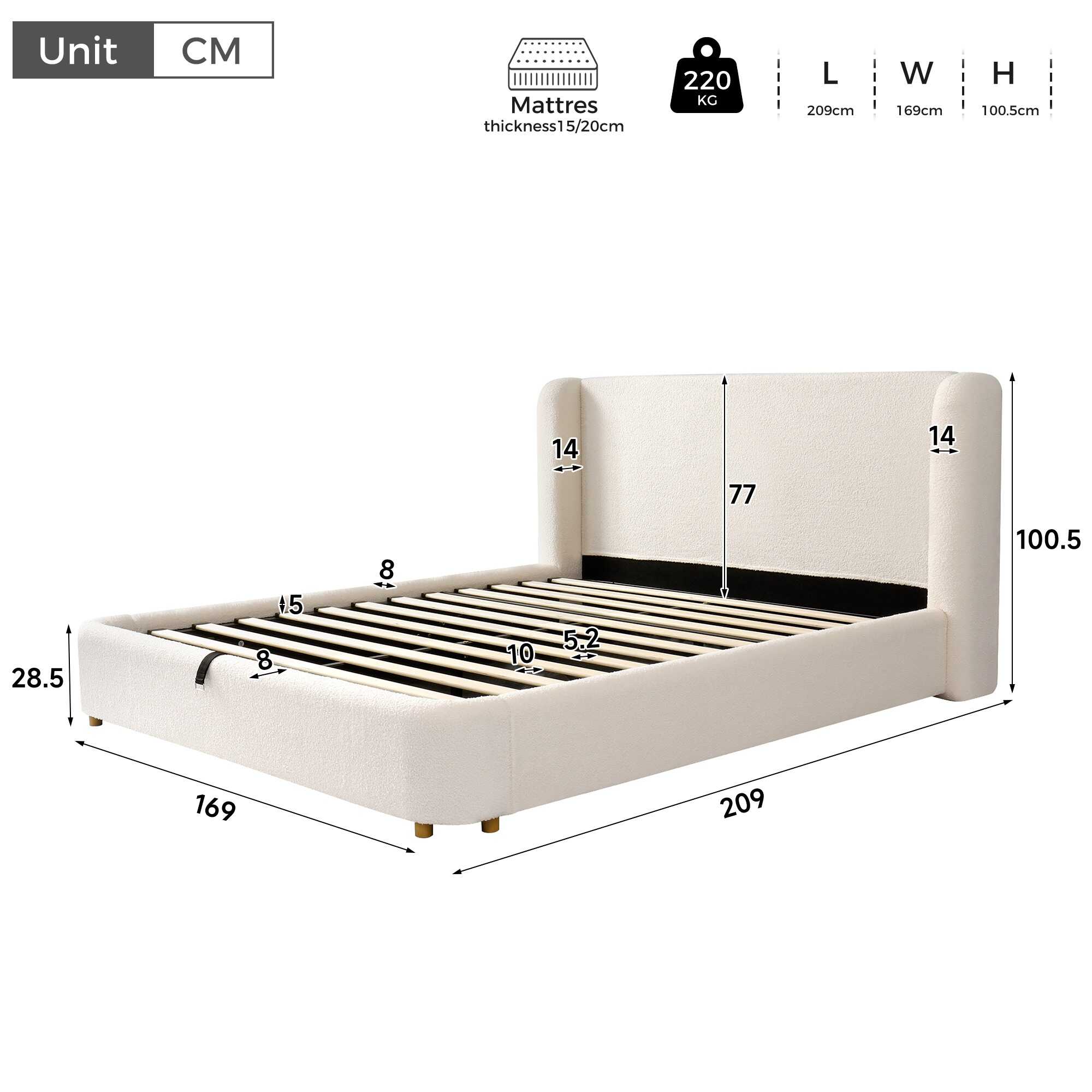 Schema delle dimensioni — Letto imbottito 140x190 cm con contenitore; bouclé beige