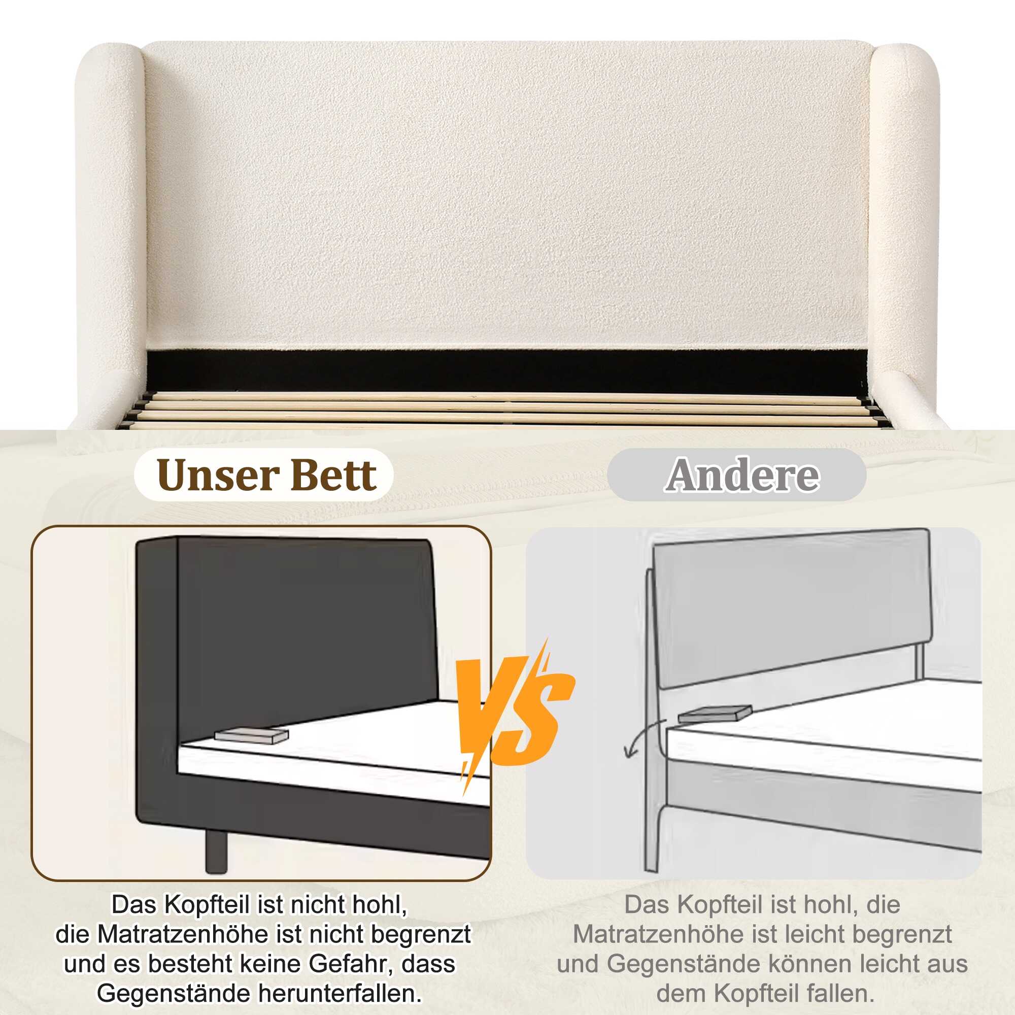Testiera imbottita — Letto imbottito 140x190 cm con contenitore; bouclé beige