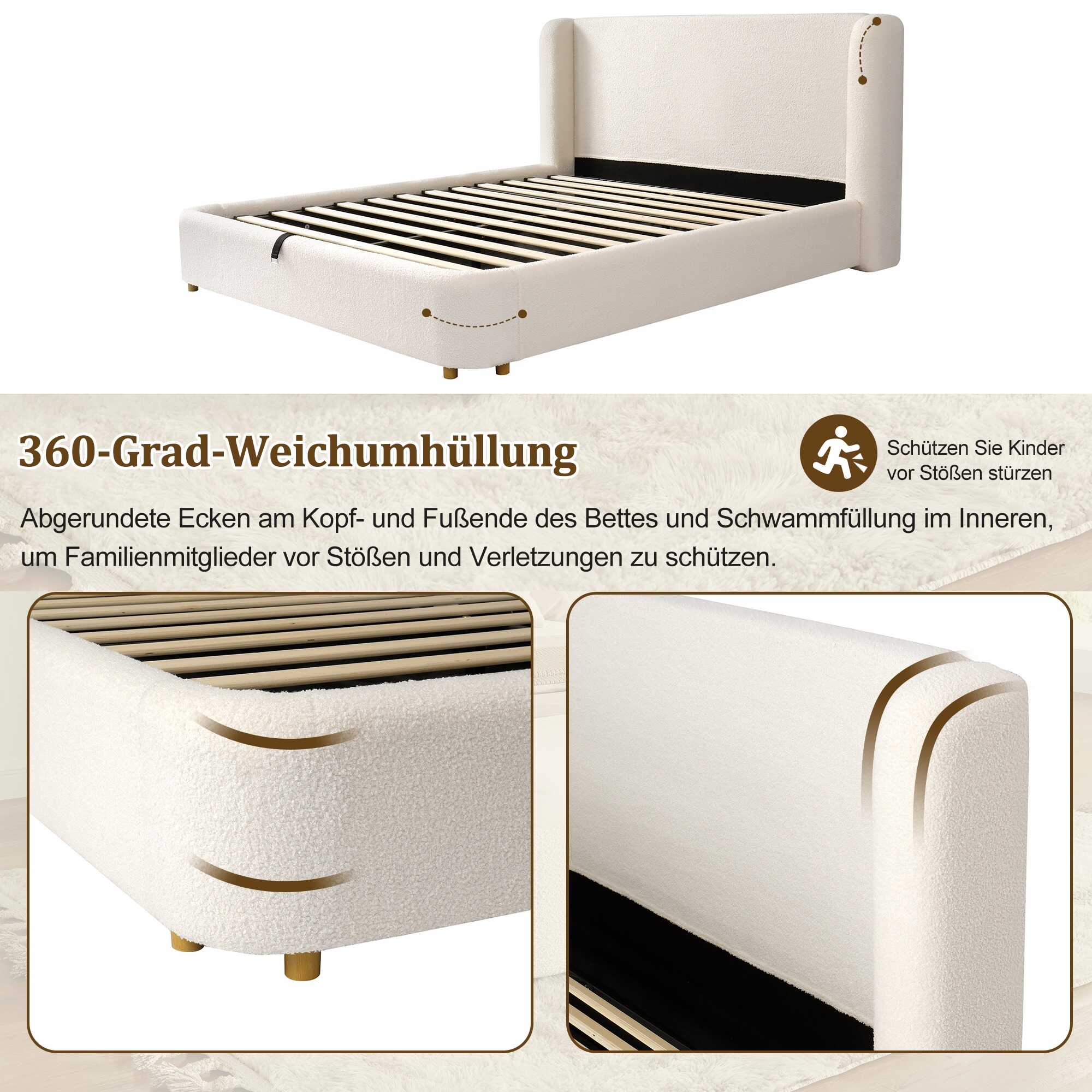 Struttura coordinata — Letto imbottito 140x190 cm con contenitore; bouclé beige