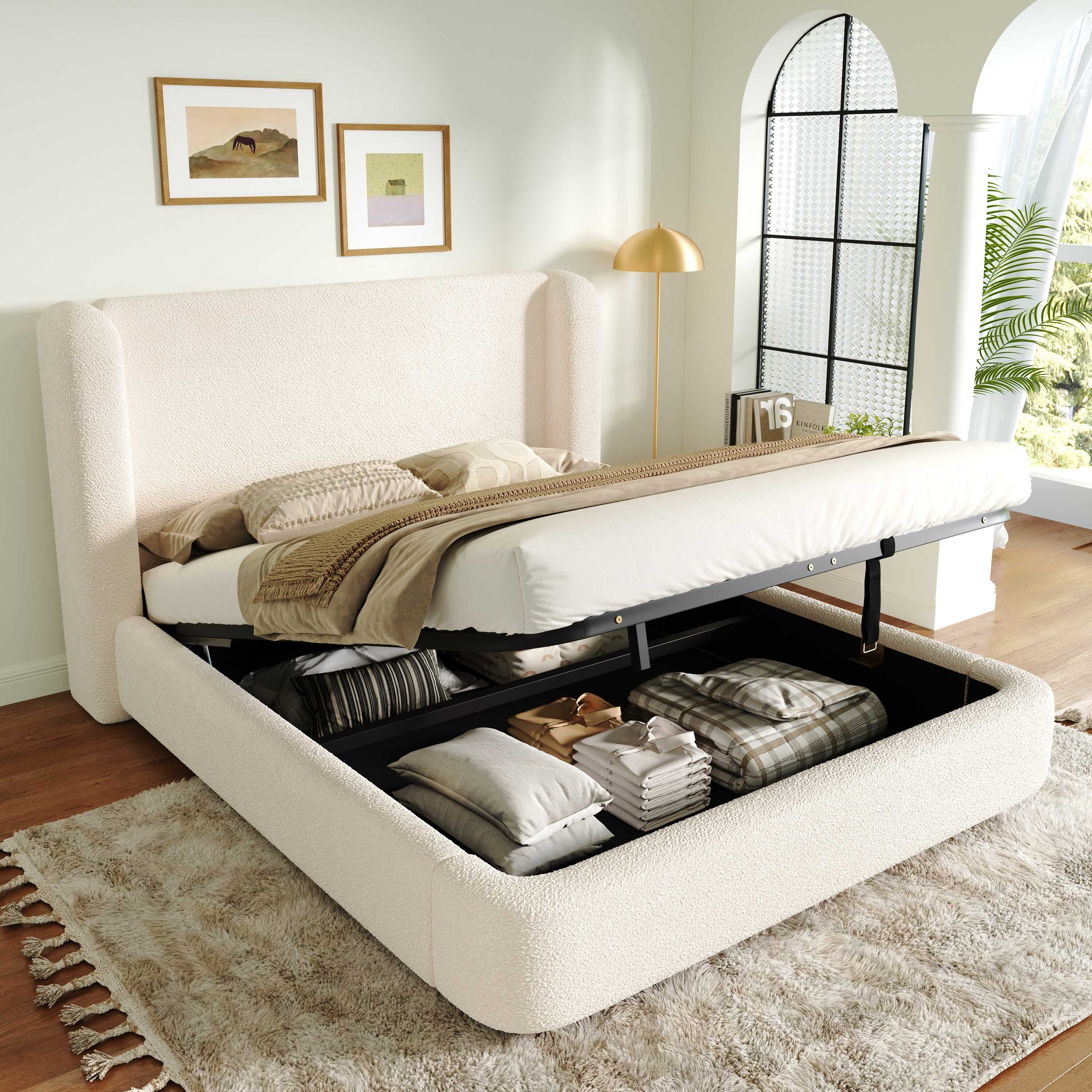 Contenitore sotto la rete — Letto imbottito 140x190 cm con contenitore; bouclé beige